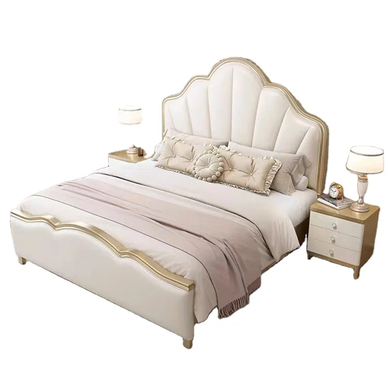 

French light luxury cream style solid wood double bed bedroom princess bed American cherry wood soft backrest king bed