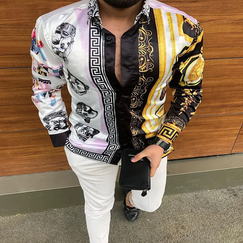 Men Floral Shirt Print Slim Fit Blouse Long Sleeve Designer Shirts Men Luxury Single Breasted Lapel Male Shirt Camisas Masculina