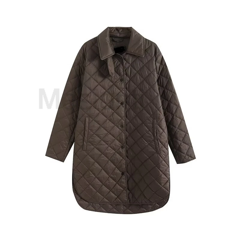 Осень 2024 женская стеганая длинная куртка с длинными рукавами и пуговицами пальто