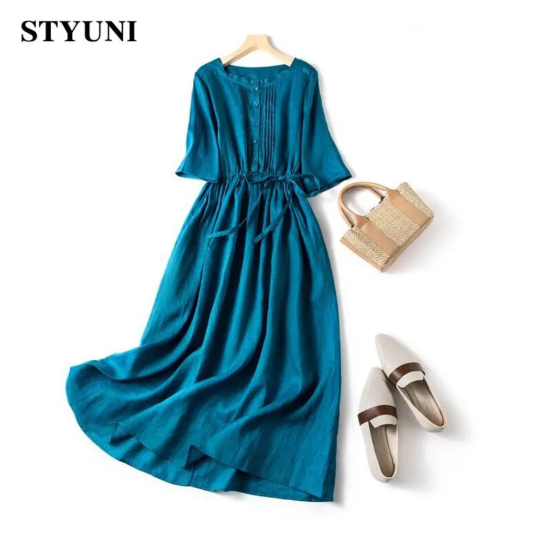 

Blue Cotton Linen Elastic Waist Lace Up Women's Dress 2022 Summer Short Sleeve Round Neck Elegant Mid-Calf Dresses For Women
