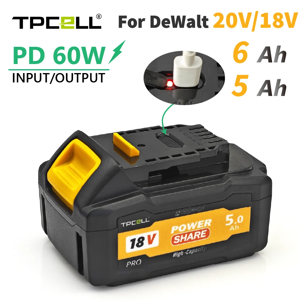 TPCELL для DeWalt DCB205 5 Ач/6 0 Ач с выходом/входом PD60W сменная батарея совместимая