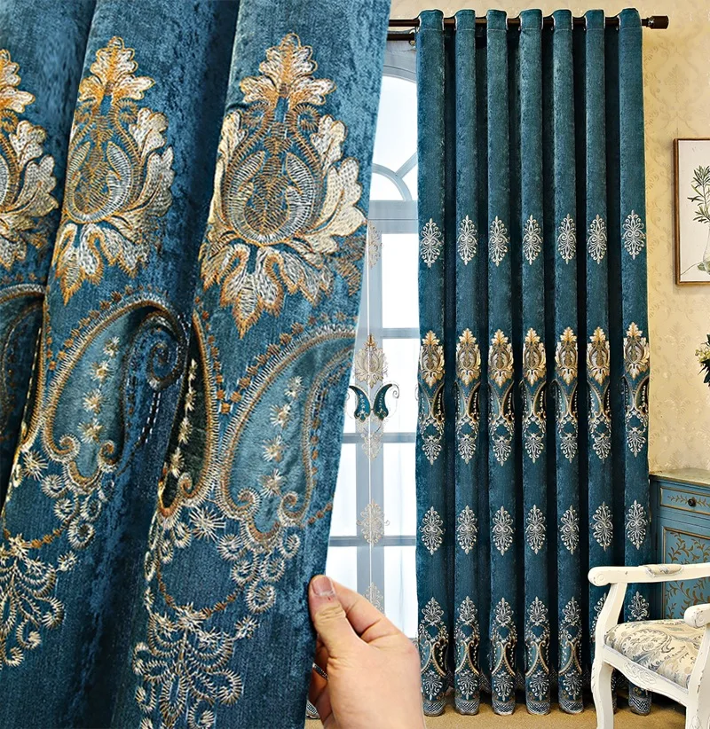 

2022 New European Style Curtains For Living Room Balcony Finished Bedroom Light Luxury Jacquard High Blackout Vertical Curtains