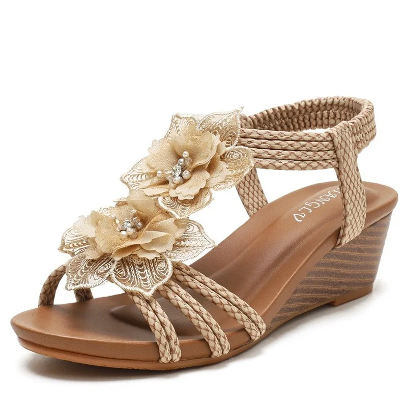 

Wedge Heel Roman Shoes Women's 2022 Summer Bohemia Retro Flower Vacation Open Toe Sandals Women's Large Size Women's Shoes