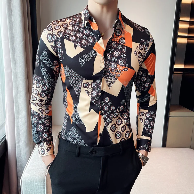

Spring and summer men's slim luxury social shirt digital personality printed shirt Long sleeve shirt men's club shirt size M-4XL