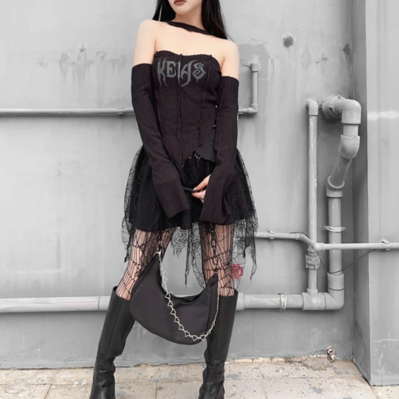 

Новое поступление, Готическая женская футболка Ruibbit, черная Сексуальная футболка с воротником хомутом и длинным рукавом для девушек, шикарная уличная одежда, футболки Goth Y2k, топы