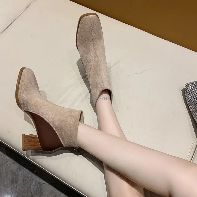 

Женские ботильоны с острым носком, простые удобные полусапожки на высоком квадратном каблуке, в европейском и американском стиле