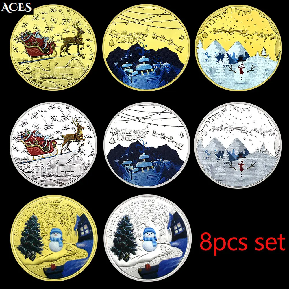 

8pcs Christmas Eve/Elk/snowman/santa Claus Commemorative Coin Merry Christmas GOLD/silver Coin Holiday Celebration Decor