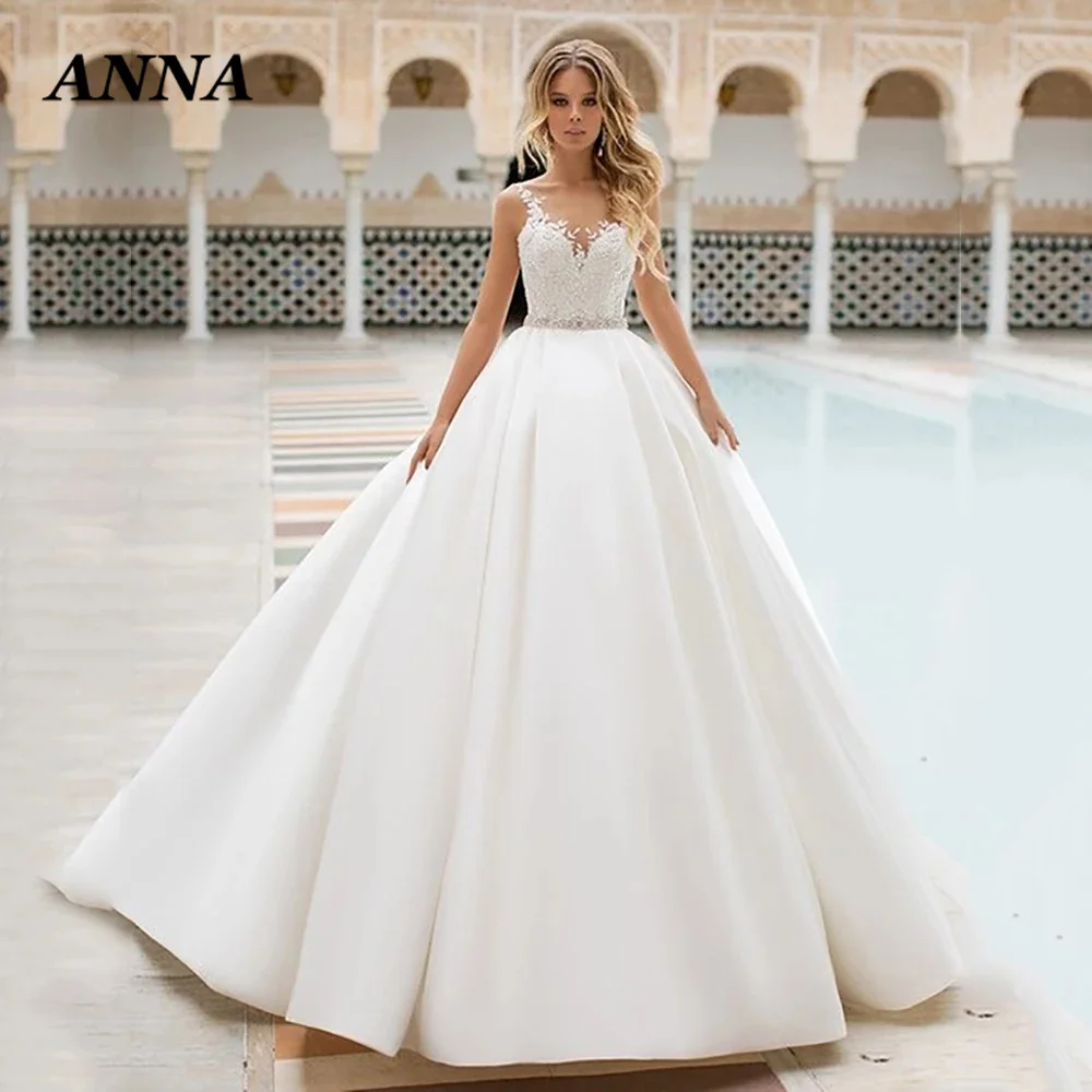 

Женское атласное свадебное платье Anna Beauty, пляжное платье невесты в богемном стиле с V-образным вырезом, аппликацией и поясом с кристаллами, ...