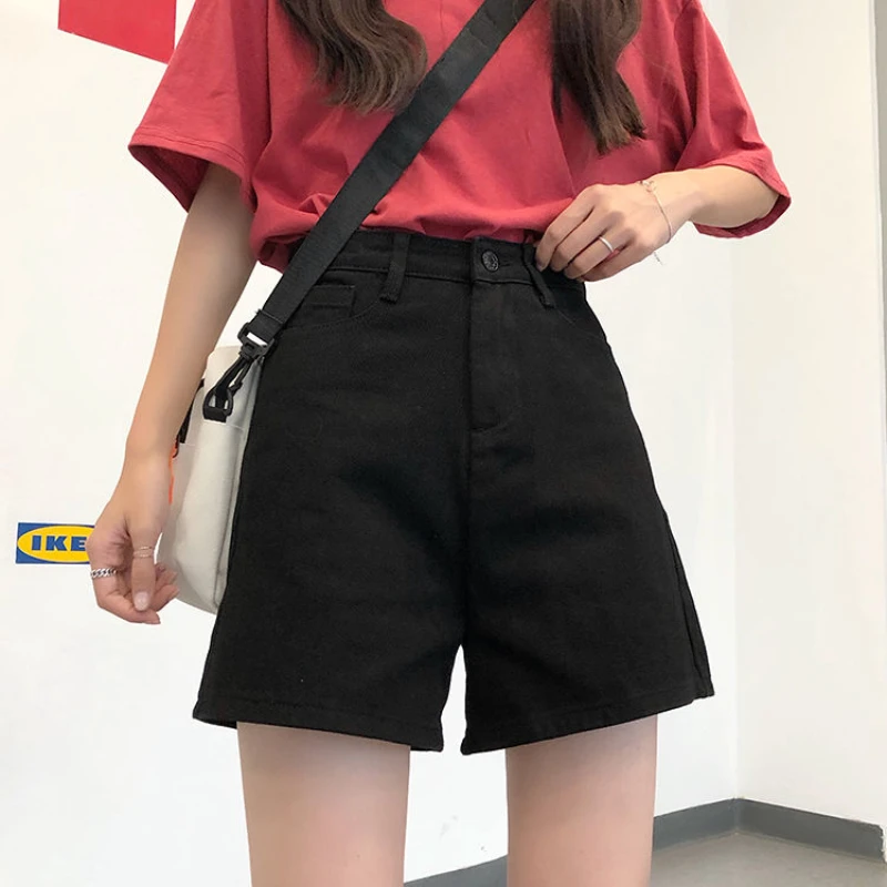 Korean Chic Retro A-line High-waisted Loose Denim Shorts School Show Slim Casual Wide-leg Hot Pants baggy cargo Women Jeans