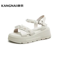 kangnai chunky sandals women cow leather platform flats string bead ankle strap round toe summer female shoes