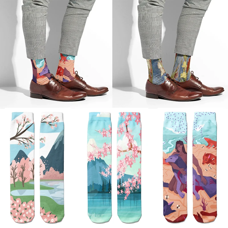 Fashion Sweet Women Long Socks New Design Oil Painting Landscape Pattern 3D Printing Middle Tube Socks Harajuku Casual Gift Sock