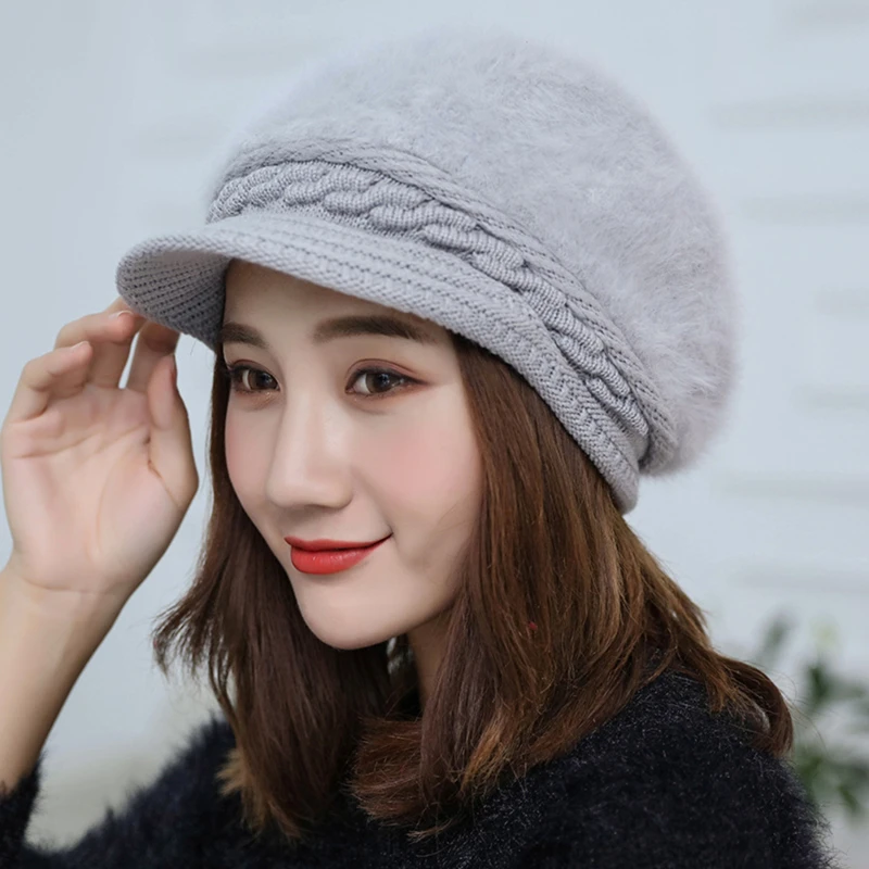 

New Style Casual Women Beret Hats Rabbit Hair Knitted Female Berets Winter Warm Cap Boina Feminina Plain Octagonal Newsboy Cap