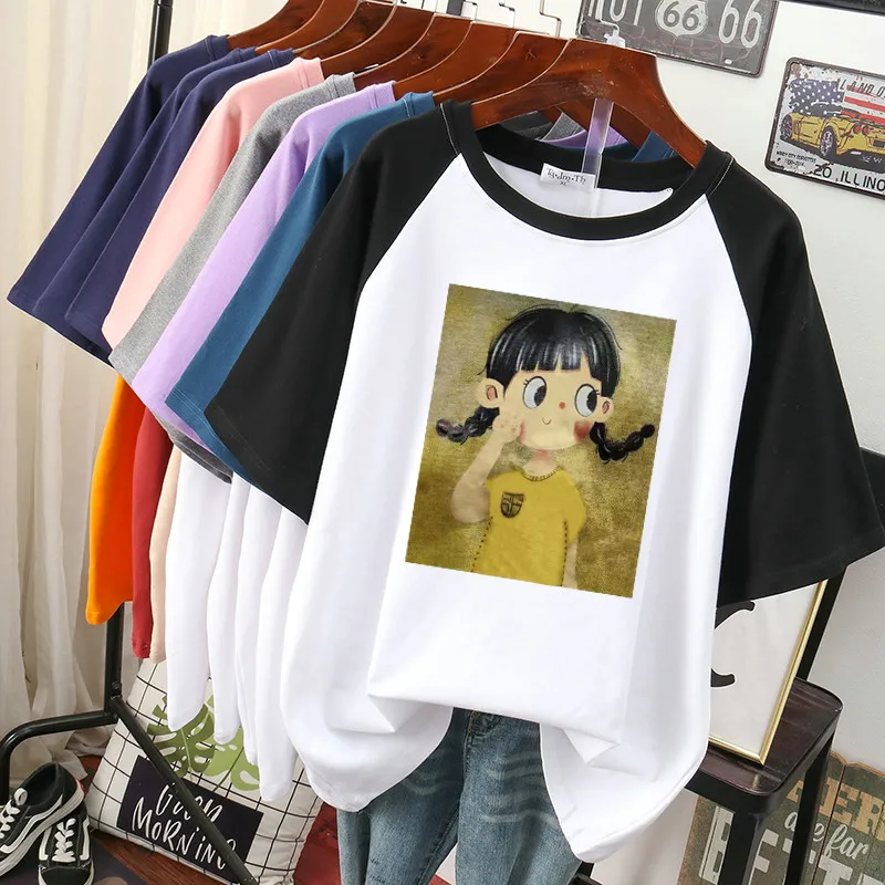 

Plus Size T Shirt 100% Cotton L-4XL Tshirt Short Sleeve Women Top Summer Cartoon Girls Print Casual Oversized T Shirts