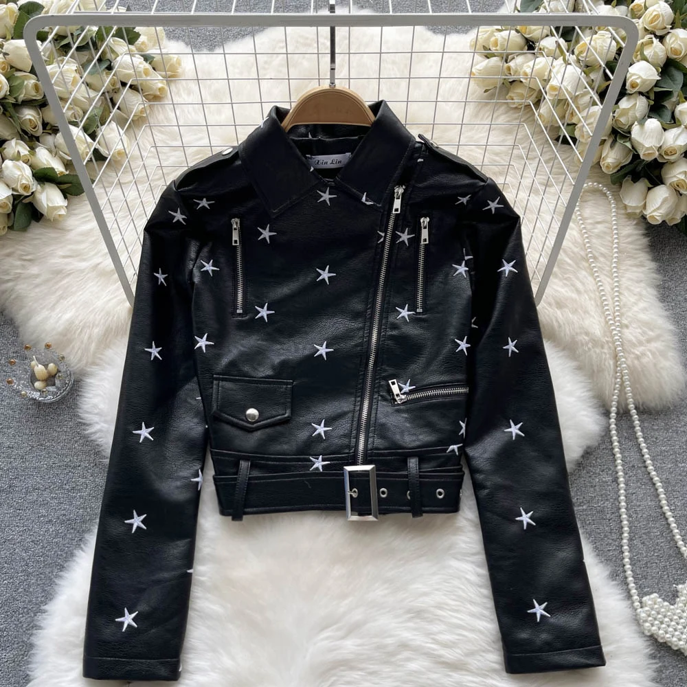 

Женская куртка с вышивкой, новая осенняя куртка из искусственной кожи, короткая куртка с длинными рукавами