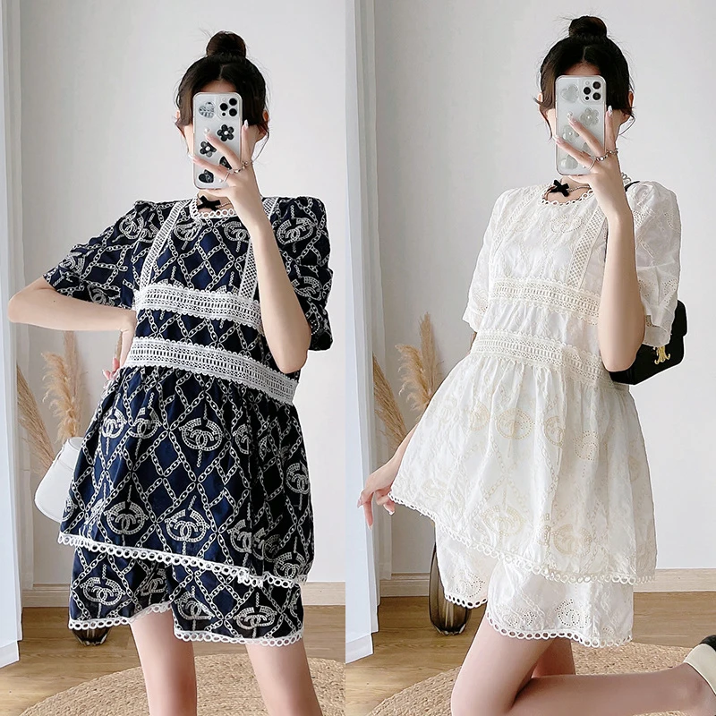 

Maternity Suit Summer Thin Section Hollow Embroidery Foreign Style Small Fragrance Loose Short-sleeved Top Shorts 2pc Set