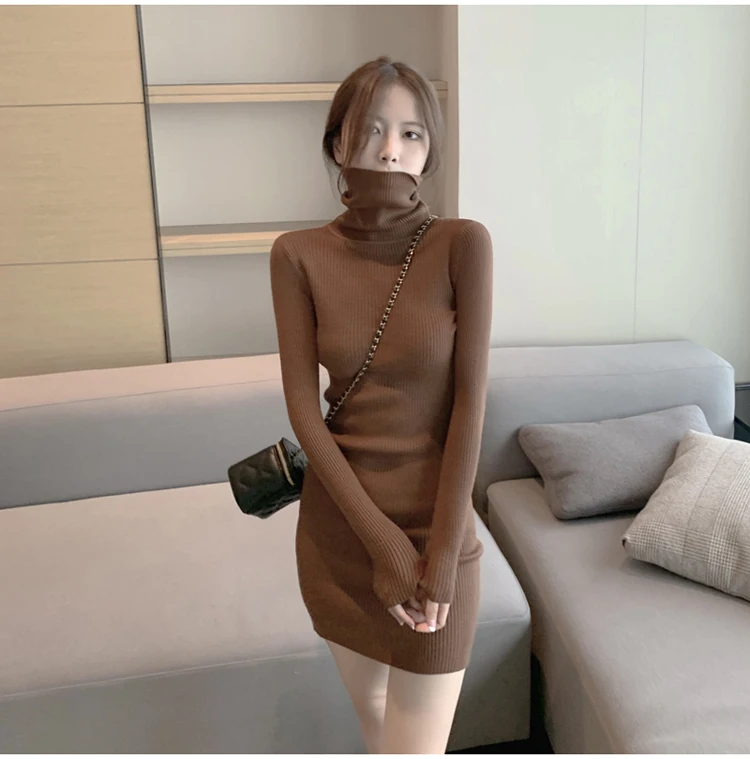 

autumn winter sweater short dress Turtleneck Long-sleeved Dresses Turtle Neck Women's Middle School Long Solid Color Slim