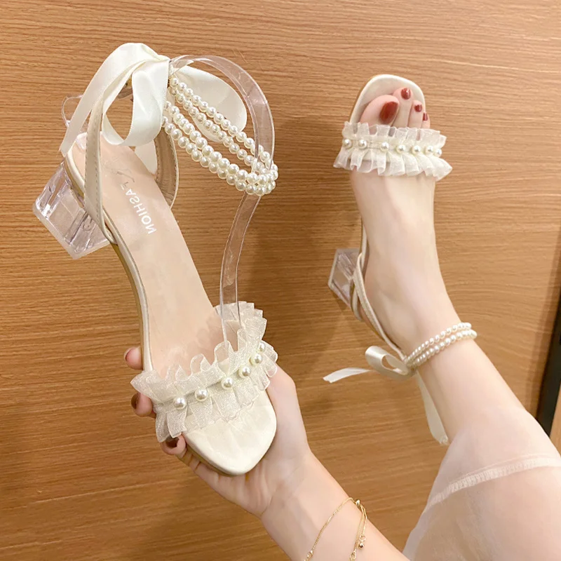 

2023 Sandals Pvc Shoes Strappy Heels Med Suit Female Beige New Plastic Fashion Lace Up Medium Pearl Block Comfort Clear Girls Hi