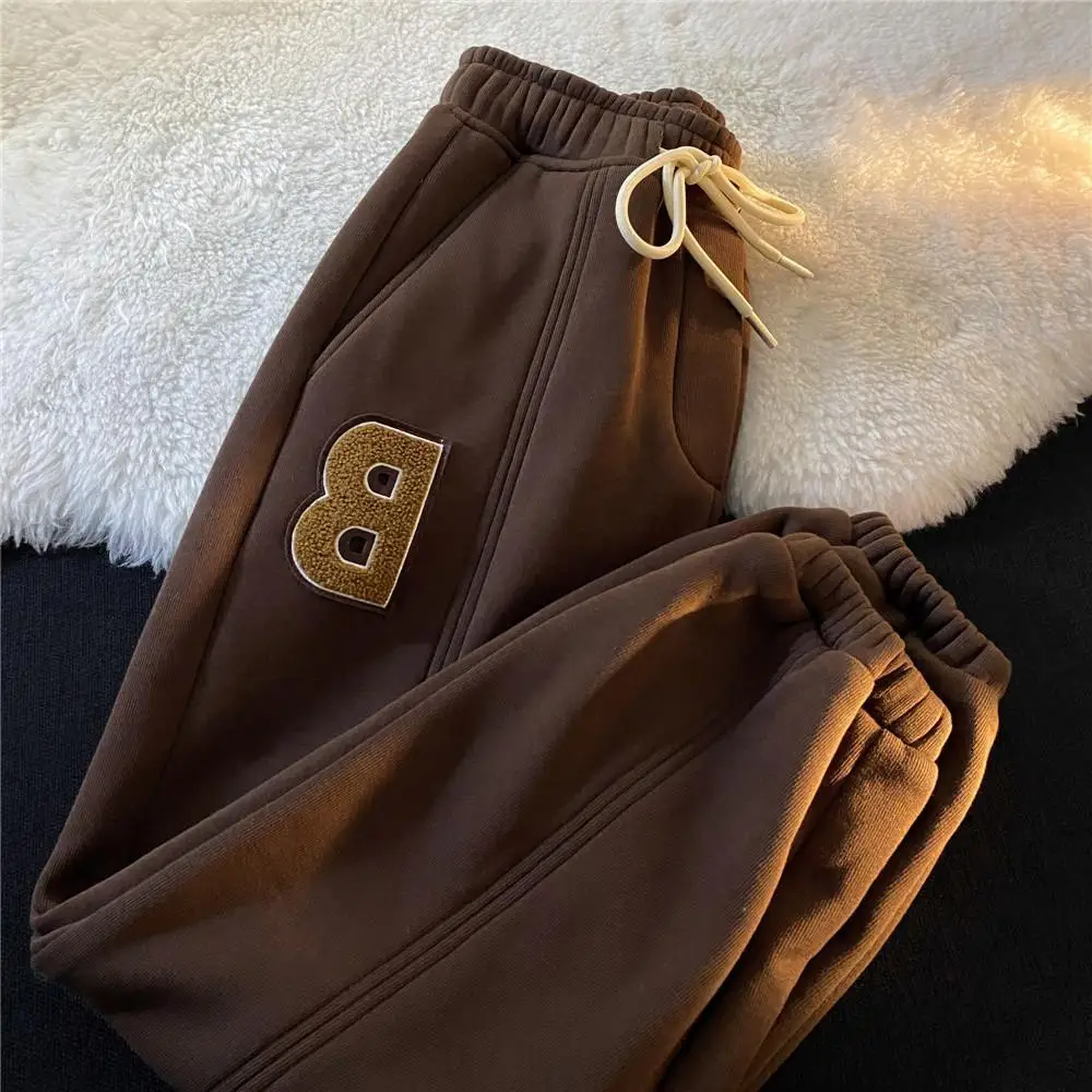 

America Letter Embroidery Sweatpants Women High Street Retro Loose Flocking Woman Pants Casual Beam Feet Bottoms Pants Female