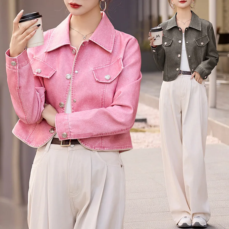 Женская Короткая кожаная куртка из овечьей шкуры приталенная Универсальная