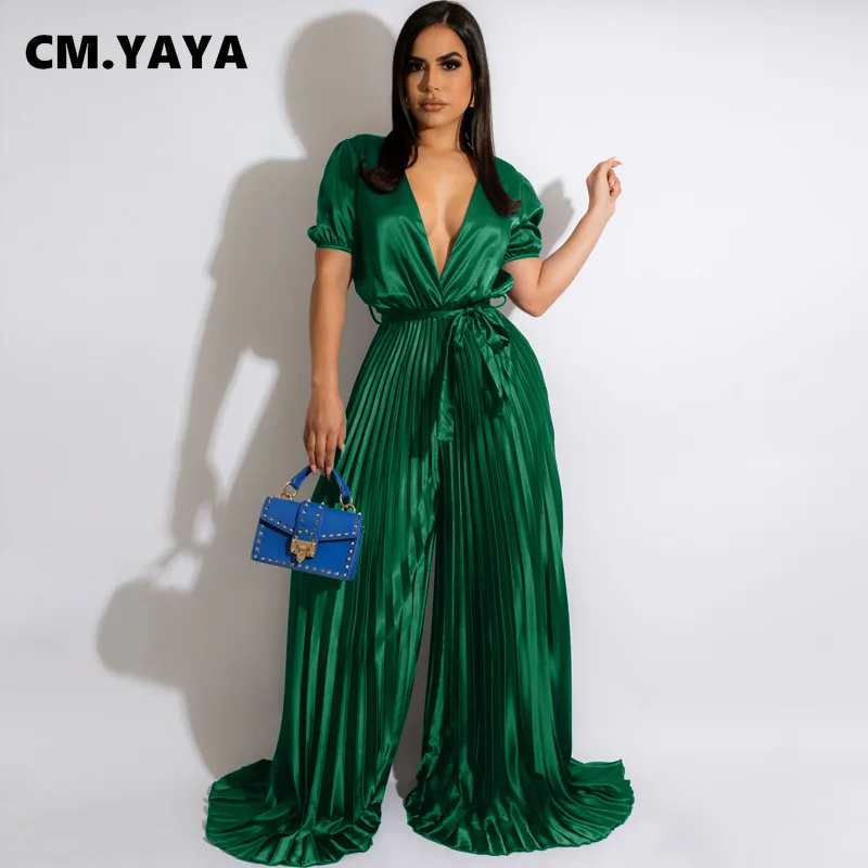

Комбинезон CM.YAYA Шелковый женский, атласный, с широкими штанинами, плиссированный, с глубоким V-образным вырезом, вечерние коротким рукавом, к...