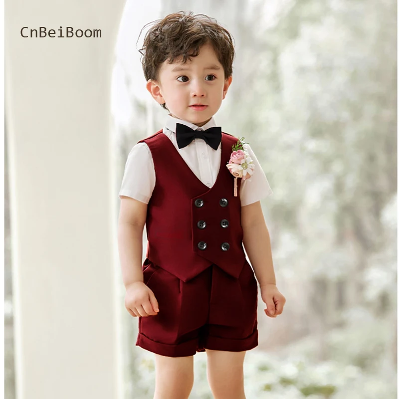 2023 Summer Child Formal Vest Dress Suit Set Flower Kids Party Performance Wedding Costumes Boys Waistcoat Shorts Bowtie Clothes