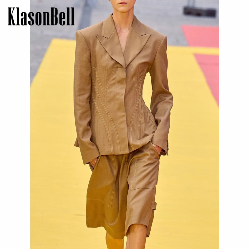 

6.27 KlasonBell Runway Fashion Hidden Breasted Slim Blazer With Knee Length Shorts 2 Piece Set Women