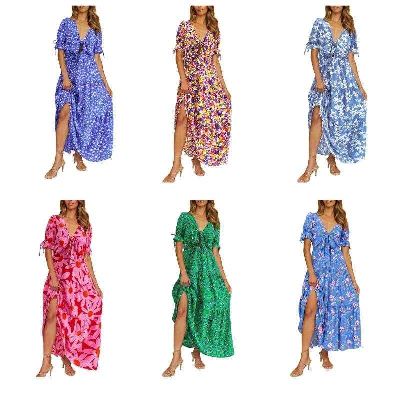 

H9ED Womens Ruffle Short Sleeve Deep V-Neck Knotted Front Maxi-Long Dress Boho Floral Print Tiered Casual Beach Party Dresses
