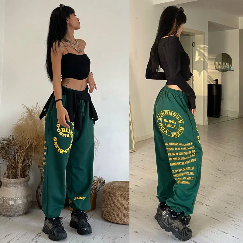 

Women's Green Printed Jogging Pants, Oversized, Korean Fashion, Sweatpants, Hippies, Wide Legs, Kpop, Street Wear