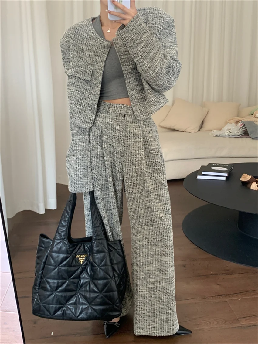 

HziriP OL Women Striped Suits Elegant Woolen Spring High Street Blazers 2022 Slim Office Wear Lady Straight Loose New Pants