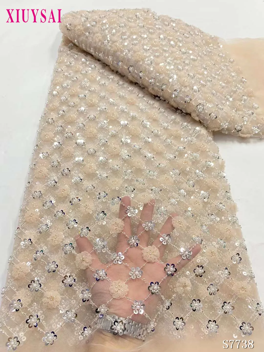 

African Lace Fabric High Quality Beadeds French 3D Flowers Lace Fabric 5 Yards For Women Wedding Party Dress Nigerian Lace