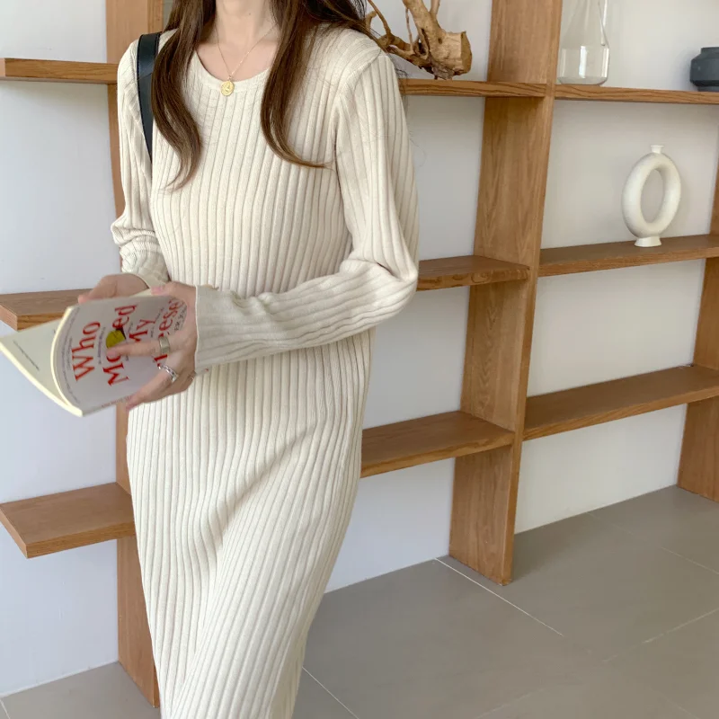 

Apricot Knitted Dress Women 2022 Winter O-neck Elegant Long Knitwear Ladies Oversized Loose Soft Knit Vestido Female Autumn