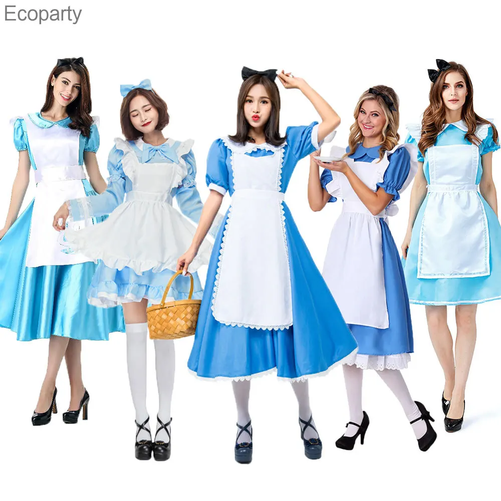 

2022Womens Wonderland Alice Costume Maid Lolita Cosplay Dress Blue Halloween Carnival Party Mardi Gras Costumes Blue White20