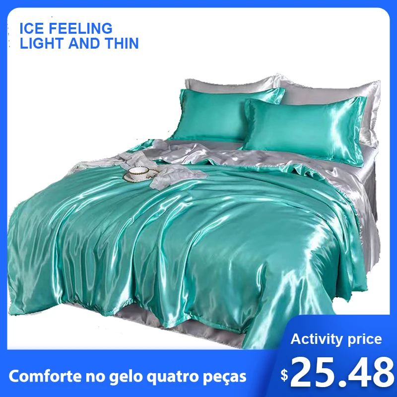 

Ice Silk Double-sided Four Piece Duvet Cover Sheet Pillowcase Breathable Luxury Bedding Cool Healthy Naked Sleep