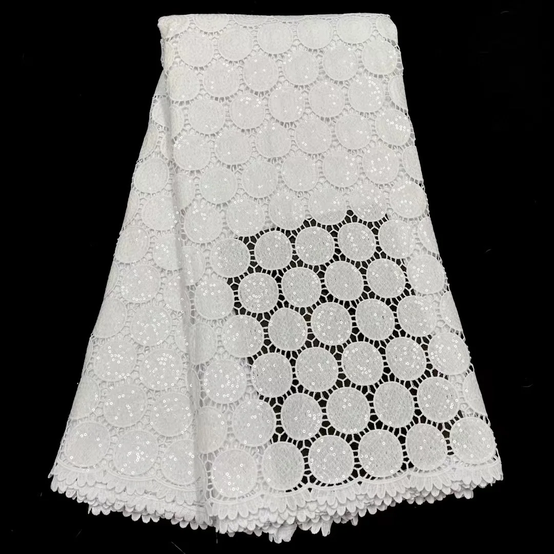 

Fashion Sequins Guipure Cord Lace High Quality Nigerian African Cord Lace Fabric Pure White Milk Silk Water Soluble For Party