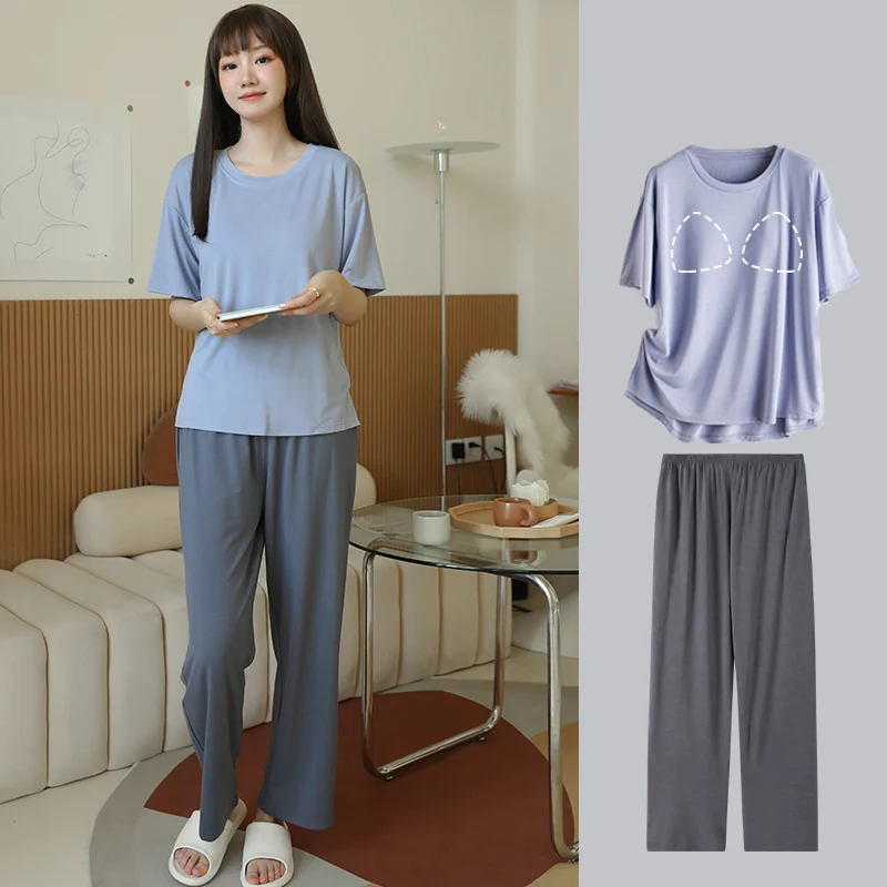 Ice Silk Nightwears for Ladies Chest Pad Women's Home Clothes Sets Crew Neck Sleepwear Women's Pajamas Free Shipping Puller Thin