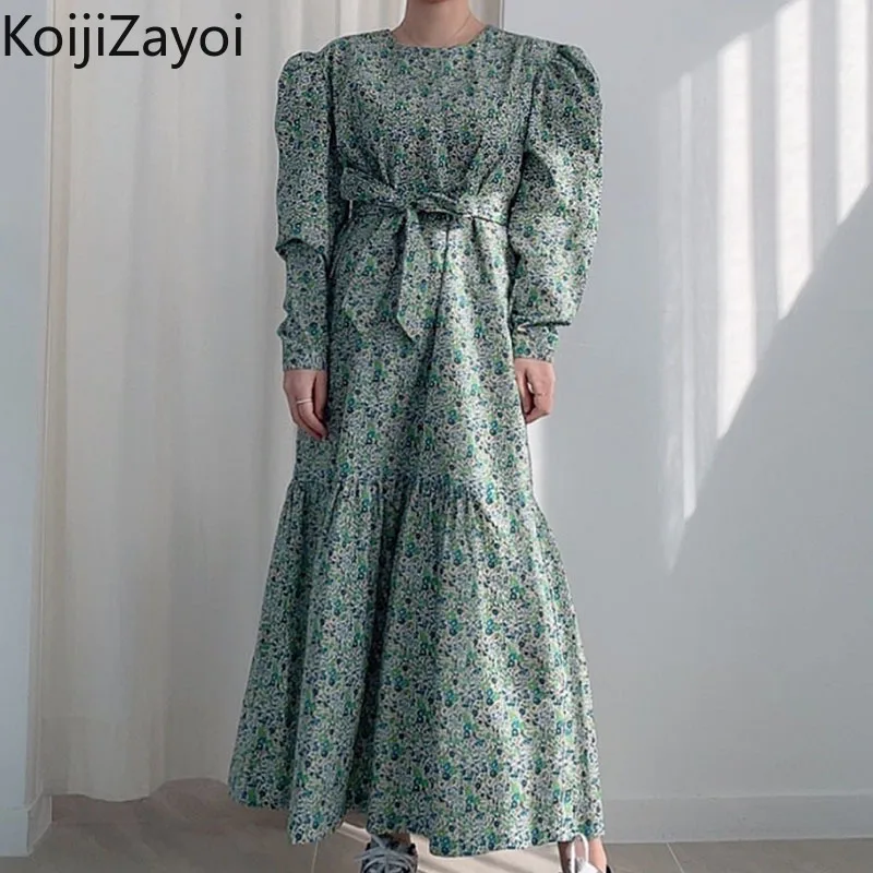 

Женское прямое платье макси Koijizayoi с цветочным принтом, бандажные платья на шнуровке с длинным рукавом, шикарные женские платья в Корейском ...