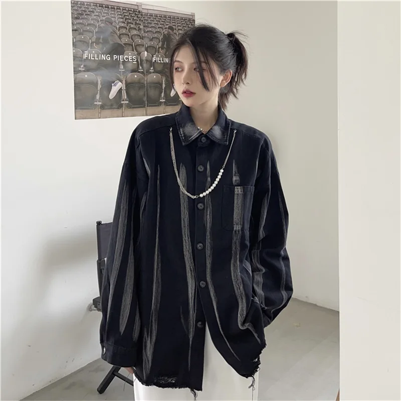 

Harajuku Style Personality Streetwear Vintage Shirt Tie Dye Printing Hole Design Full Sleeve Single-Breasted Casual Blouses Shir