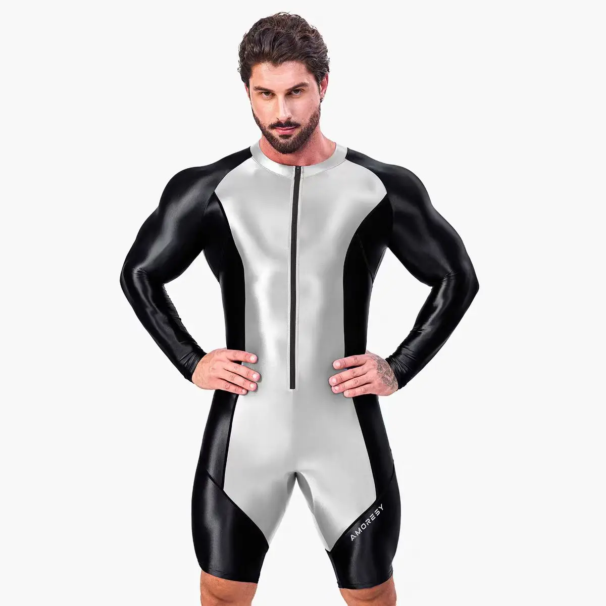 HYRAX Long sleeved tight fitting men's sportswear with front zipper and five part jumpsuit for gymnastics swimming