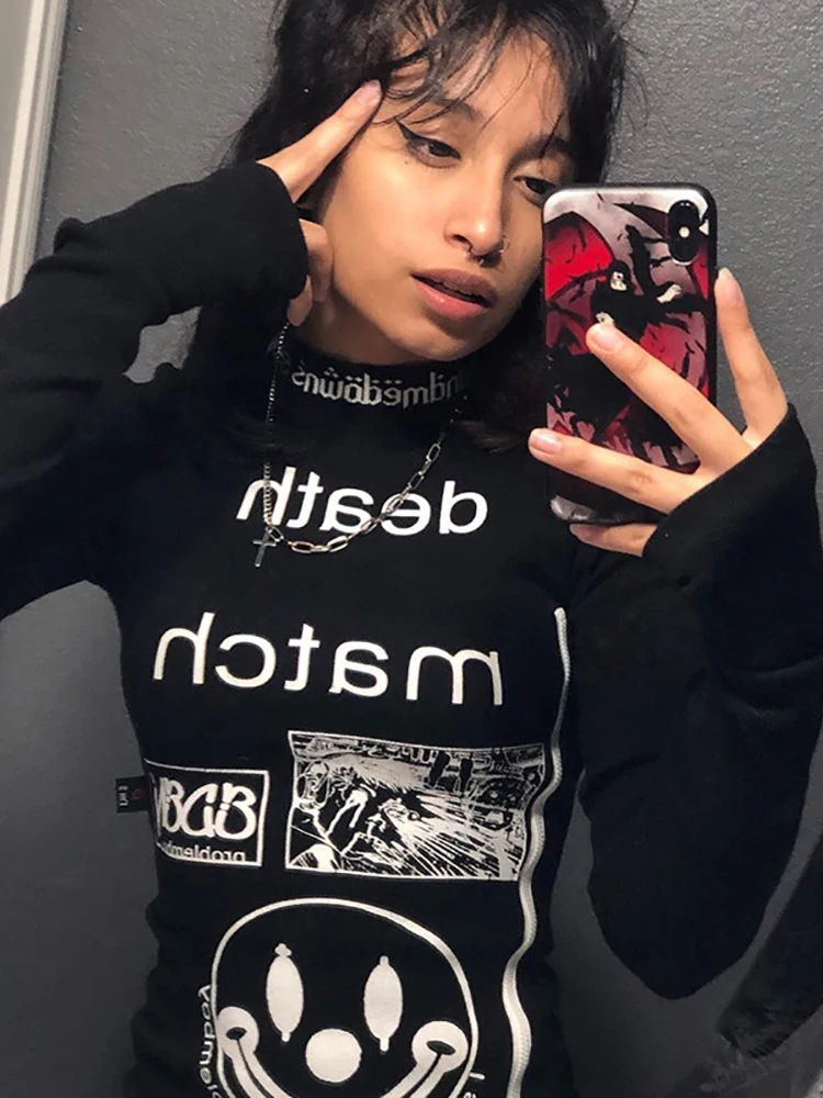 Goth Dark Grunge Aesthetic Graphic Printed Gothic Dresses Punk Black Long Sleeve Autumn Pencil Midi Dress Bodycon Streetwear Emo