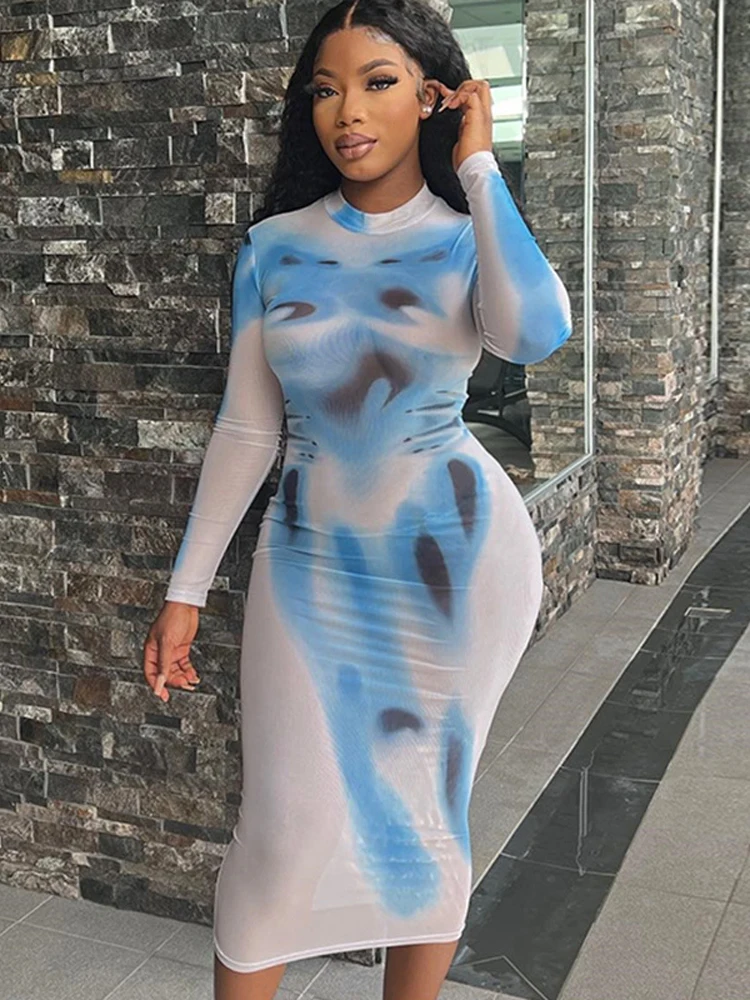 

Tie Dye Print Women Long Sleeve Mesh Midi Dress See Through Bodycon Sexy Streetwear Party Club 2022 Spring Fall Y2K Wholesale