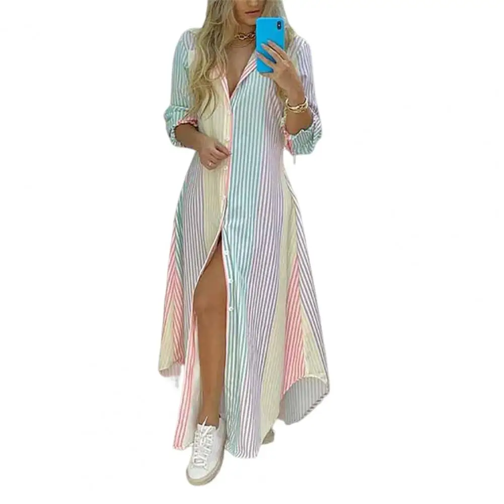 

Женское Повседневное платье-рубашка с принтом, асимметричные платья макси с отложным воротником и длинным рукавом, однобортное Свободное длинное платье Laides