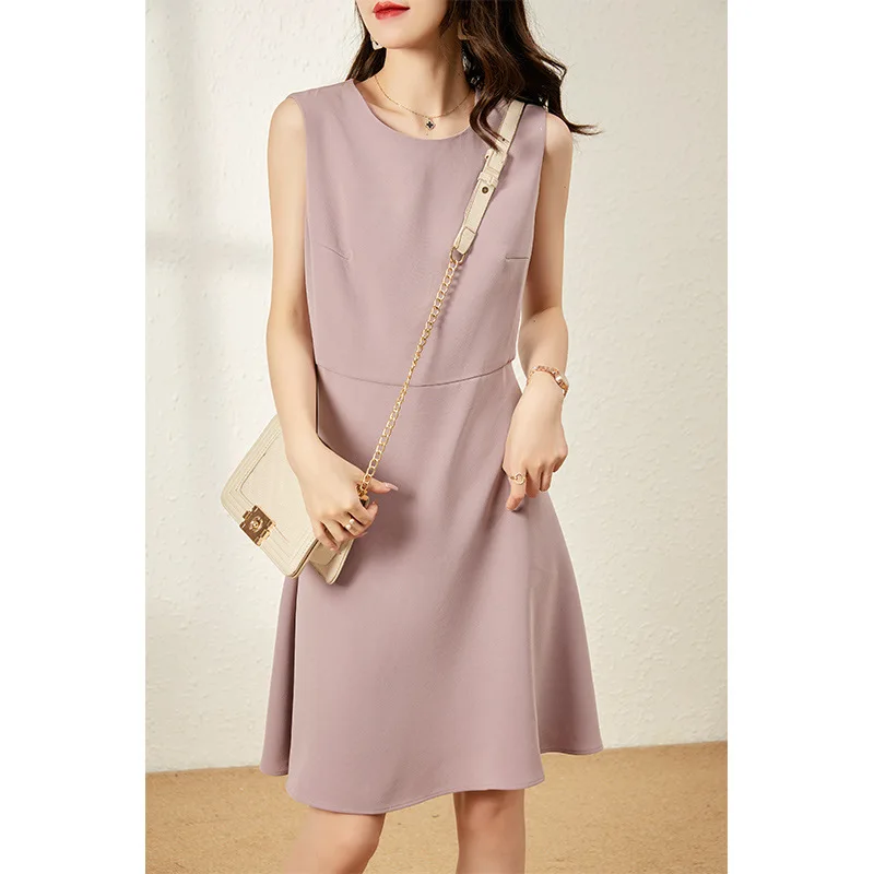

2023 Summer New Acetate Fiber Japanese Style Solid Color Light Luxury Thin Waist Mid Length Dress for Women