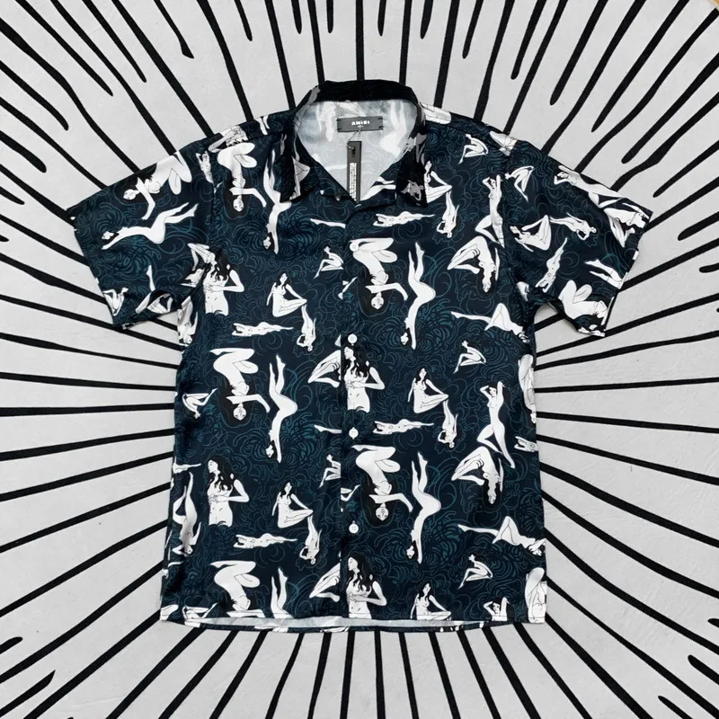

Summer Beach Unisex Casual Shirt Art Sketch Print Cool Ice Silk Satin Short Sleeve Shirt Hip Hop High Street Trend Loose Shirts
