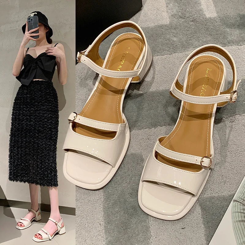 

Сандалии универсальные из ПУ кожи, удобные Босоножки на каблуке, с ремешком и пряжкой, повседневная обувь для девушек, черные, весна-лето 2023