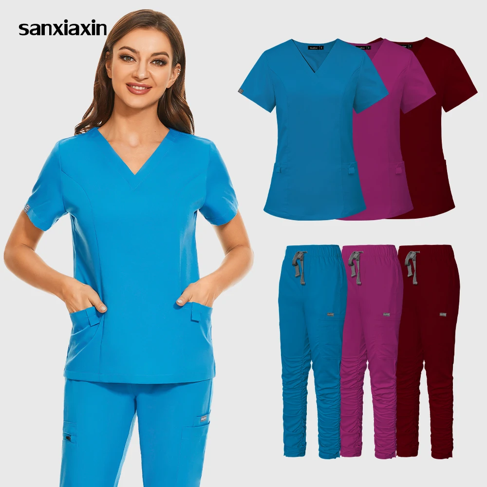 

Hospital Doctor Work Clothing Suits Elasticity Pet Clinic Nurse Workwear High Quality Solid Color Nursing Scrubs Women Uniforms