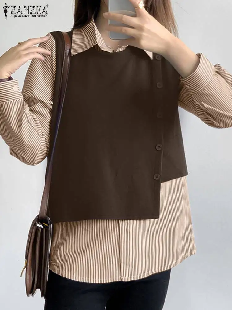 

Коллекция 2023 года, модная женская блузка ZANZEA в полоску с пэчворком, винтажная блузка из двух частей, рубашка с отворотом и длинным рукавом, рабочие блузки