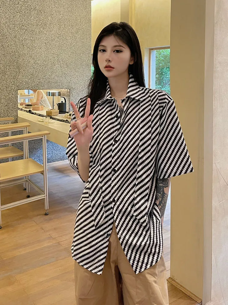 

Summer Harajuku Diablo Lazy Streetwear Vintage Tie Stripe Printing Design Shirt Single-Breasted Short Sleeve Blouses Shirt