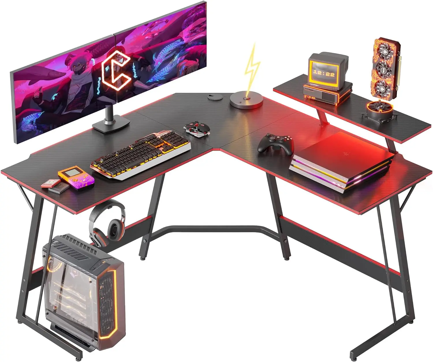 

Игровой стол 50,4 u201D со светодиодной лентой и подставкой для монитора, L-образный компьютерный стол из углеродного волокна, игровой компьютерный стол с кабелем