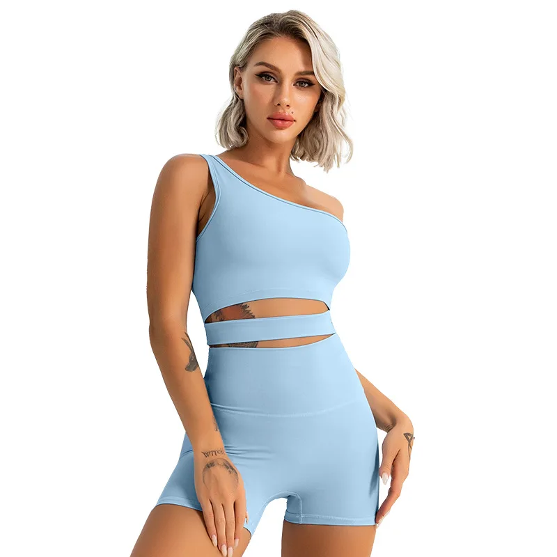 Women Seamless One Shoulder Padded Sports Bra Cutout Yoga Bra Cropped Tops High Waisted Shorts Workout Gym Yoga Pants Leggings
