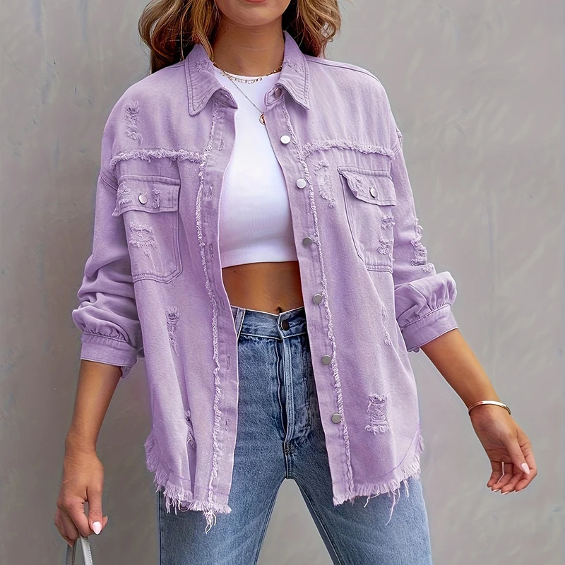 Женская джинсовая куртка повседневная однотонная с длинными рукавами и